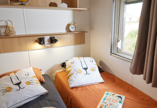 Gezellige glampingkamer met twee aparte bedden, dierenkussens, een boek en een raam met licht.