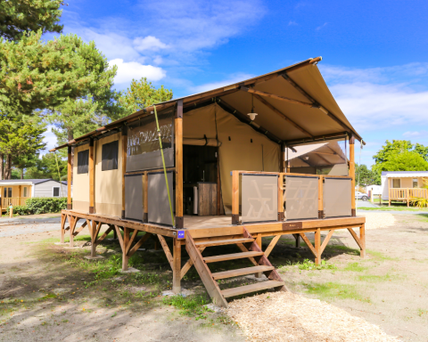 Tente safari nommée Tent Lodge Confort avec terrasse en bois surélevée, entourée d’arbres sous ciel bleu.