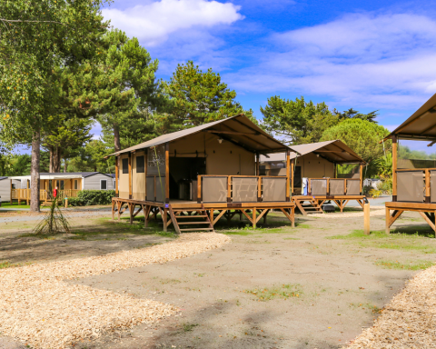 Safari-Zelte auf dem Flower Camping Le Vieux Moulin in Frankreich, umgeben von grünen Bäumen.
