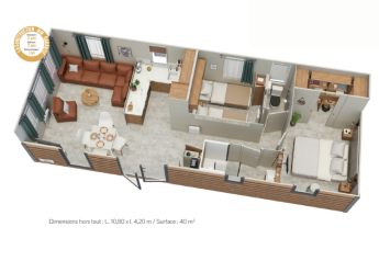 Planimetria 3D della cabina Stacaravan Premium presso Flower Camping Le Vieux Moulin, con soggiorno, cucina e camere.