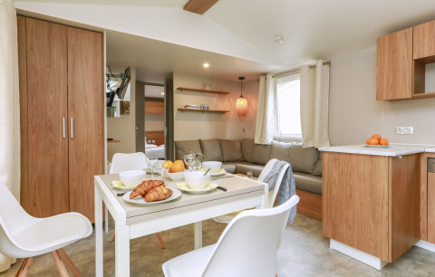Espace salon-salle à manger moderne et lumineux dans la Stacaravan Premium, cuisine et meubles bois en France.