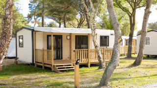 Chalet Stacaravan Premium con veranda in legno immerso negli alberi, perfetto per una vacanza rilassante.