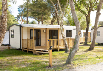 Chalet Stacaravan Premium con terraza de madera, rodeado de árboles y luz natural en un entorno tranquilo.