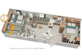 3D floor plan of Stacaravan Premium chalet at Flower Camping Le Vieux Moulin, France, with three bedrooms layout.