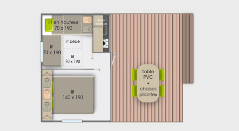Plattegrond van Canvas Mobile-Home Tithome met bedden, eettafel en terras bij Flower Camping Mas de Champel.
