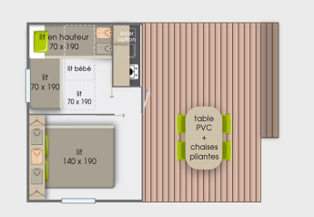 Planimetria di Canvas Mobile-Home Tithome con letti, tavolo da pranzo e terrazza al Flower Camping Mas de Champel.