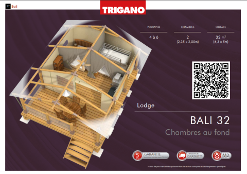 3D-planløsning af Bali Safari telt ved Flower Camping Mas de Champel, Frankrig, viser træinteriør og to værelser.