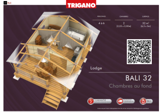 3D-Grundriss des Bali Safari Zeltes im Flower Camping Mas de Champel, Frankreich, mit zwei Schlafzimmern.