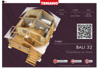 3D-planløsning af Bali Safari telt ved Flower Camping Mas de Champel, Frankrig, viser træinteriør og to værelser.
