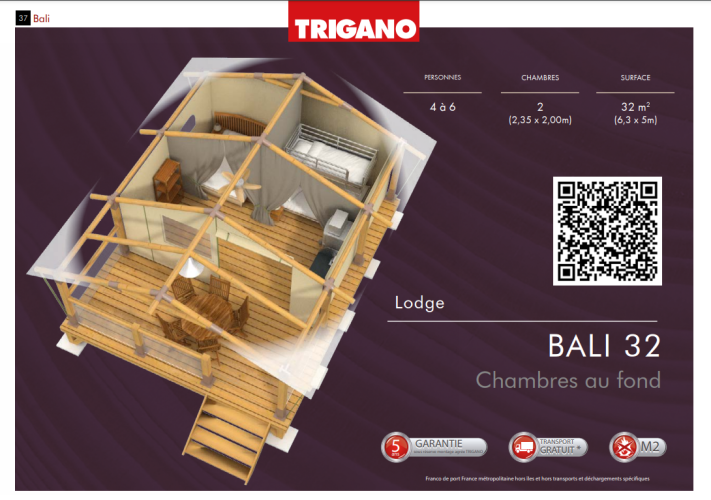 3D-Grundriss des Bali Safari Zeltes im Flower Camping Mas de Champel, Frankreich, mit zwei Schlafzimmern.