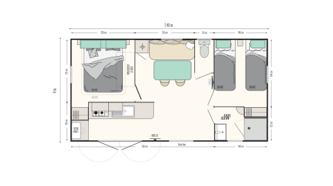 Plan du Mobile-Home Premium 2 chambres au Flower Camping Mas de Champel, avec chambres, cuisine et salle de séjour.
