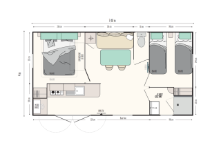 Plan du Mobile-Home Premium 2 chambres au Flower Camping Mas de Champel, avec chambres, cuisine et salle de séjour.