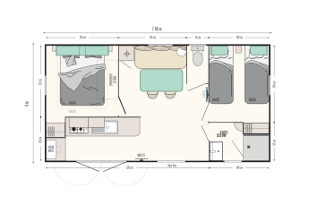 Plantegning af Mobile-Home Premium 2 værelser på Flower Camping Mas de Champel, med soveværelse, køkken og stue.