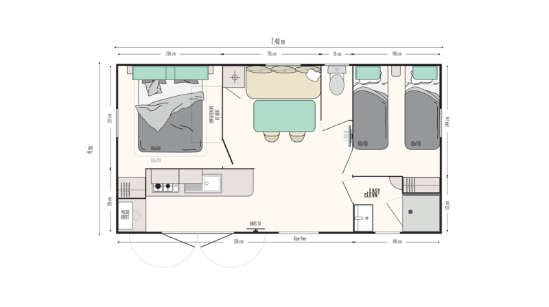 Plano del Mobile-Home Premium 2 habitaciones en Flower Camping Mas de Champel, con dormitorios, cocina y salón.