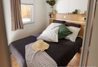 Chambre de glamping douillette avec lit double, coussins, plantes et lumière naturelle par la fenêtre.