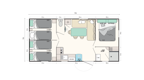Plattegrond van Mobile-Home Premium op Flower Camping Mas de Champel in Frankrijk met gedetailleerde maten.