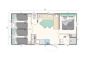 Planimetria della Mobile-Home Premium al Flower Camping Mas de Champel in Francia con misure dettagliate.