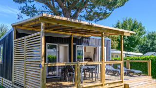 Buitenaanzicht van een Homeflower Premium lodge met houten terras, tuinstoelen en groene tuin.