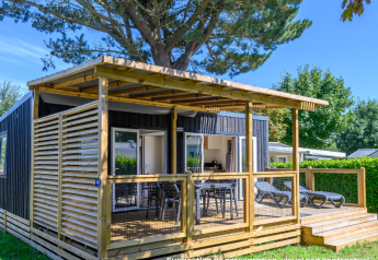 Udendørsbillede af en Homeflower Premium-lodge med træterrasse, havemøbler og grønne omgivelser.