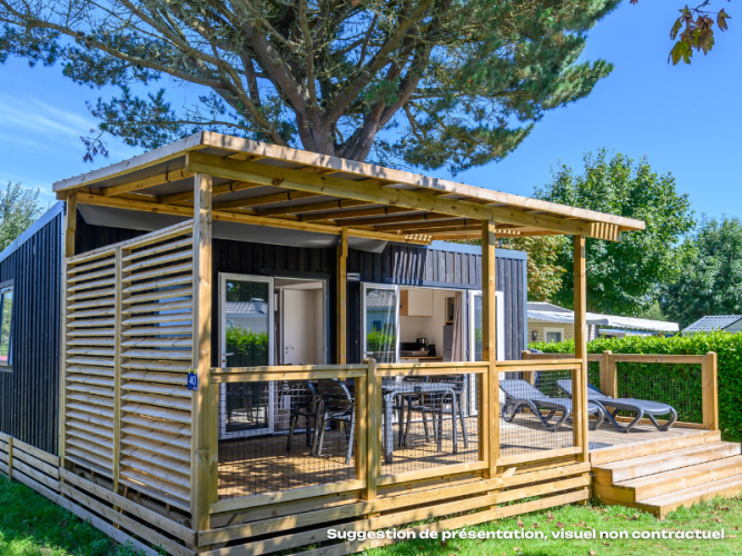 Outdoor view of a Homeflower Premium lodge with wooden deck, patio furniture, sun loungers, and greenery.