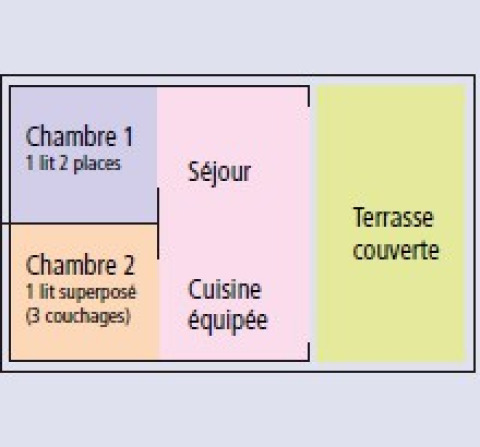 Plano de la cabaña Funflower Standaard con dos dormitorios, cocina equipada, sala de estar y terraza cubierta.