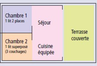 Plan de la cabine Funflower Standaard avec deux chambres, cuisine équipée, séjour et terrasse couverte.
