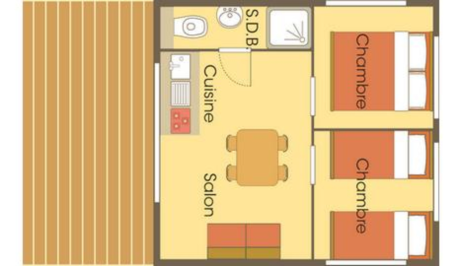 Plattegrond van Cabane Lodge op palen Standard bij Flower Camping Les Paludiers in Frankrijk, met twee slaapkamers en terras.