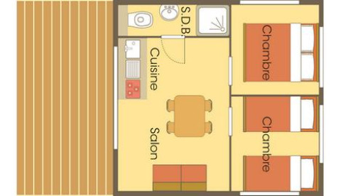 Plan du Cabane Lodge op palen Standard au Flower Camping Les Paludiers, France, avec deux chambres, salle de bain et terrasse.