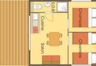 Plan du Cabane Lodge op palen Standard au Flower Camping Les Paludiers, France, avec deux chambres, salle de bain et terrasse.