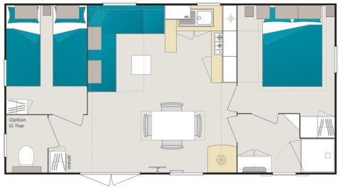 Plan de la Stacaravan Premium au Flower Camping Les Paludiers avec chambres, cuisine et séjour spacieux.
