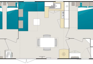 Plan de la Stacaravan Premium au Flower Camping Les Paludiers avec chambres, cuisine et séjour spacieux.