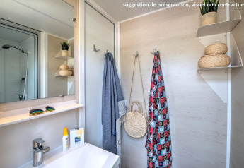 Baño de cabaña con espejo, lavabo, ducha, toallas colgadas, y estantes con cestas y una planta.