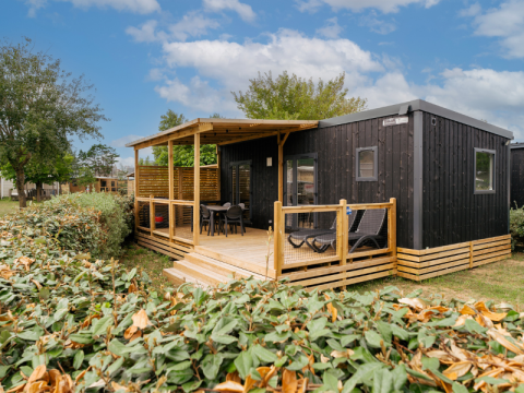 Schwarze Holzhütte mit überdachter Veranda und Gartenmöbeln, umgeben von Büschen und Bäumen.