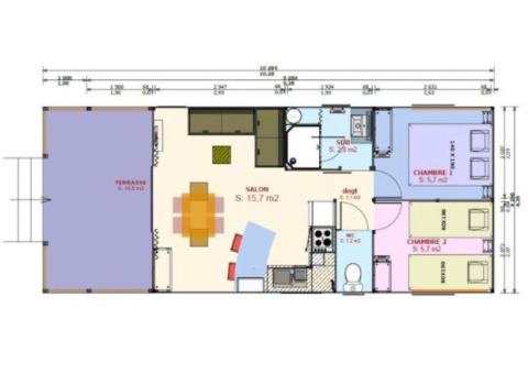 Grondplan van de Sweetflower op palen Premium lodge met twee slaapkamers op Flower Camping Les Paludiers.