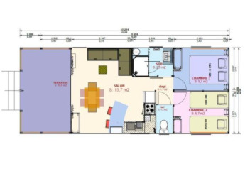 Plattegrond van de Sweetflower op palen Premium lodge met twee slaapkamers bij Flower Camping Les Paludiers.