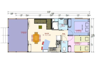 Plattegrond van de Sweetflower op palen Premium lodge met twee slaapkamers bij Flower Camping Les Paludiers.