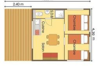 Plano de la tienda safari Hut Lodge en Flower Camping Le Bel Air, Francia, con distribución y medidas de habitaciones.