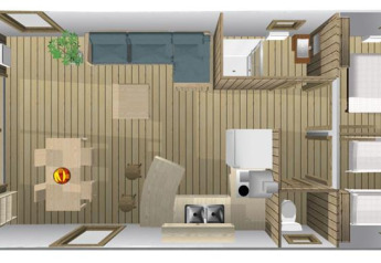 Top view of Sweetflower Premium safari tent layout at Flower Camping Le Bel Air in France, showing all rooms.