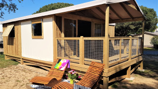 Cosyflower Premium blokhut met houten terras, ligstoelen en bloemen, omgeven door natuur.