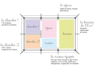 Plan d’un tente Freeflower avec deux chambres, séjour, cuisine, et terrasse au camping en France.