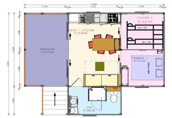 Planimetria della cabina Cosyflower Premium al Flower Camping Le Kerleyou con due camere, terrazza e bagno.