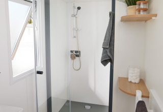 Modern bathroom in Homeflower Premium cabin, featuring glass shower, wooden floor, and elegant shelves.