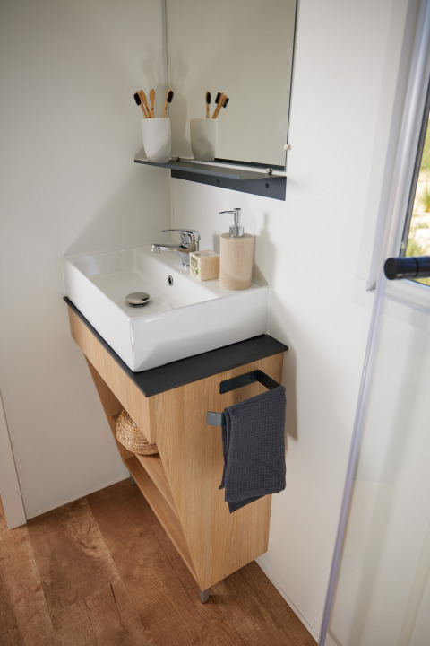 Modern washbasin in Homeflower Premium cabin with mirror, shelf, wooden cabinet, and towel holder.
