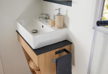 Lavabo moderno nella cabina Homeflower Premium con specchio, ripiano, mobile in legno e porta asciugamani.