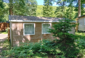 Mobil-home standard en bois à Flower Camping La Chênaie en France, entouré de verdure et d’arbres.