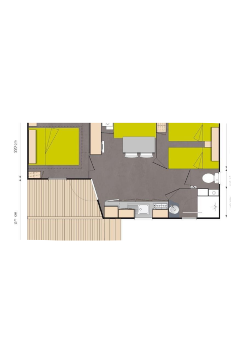 Plattegrond van een mobilhome Standaard Houten Stacaravan bij Flower Camping La Chênaie in Frankrijk.