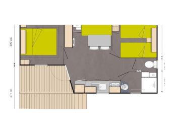 Plantegning af en mobilhome Standaard Houten Stacaravan ved Flower Camping La Chênaie i Frankrig.