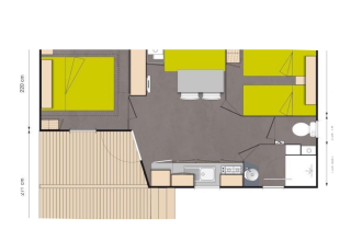 Plan d'un mobil-home Standaard Houten Stacaravan au Flower Camping La Chênaie en France.