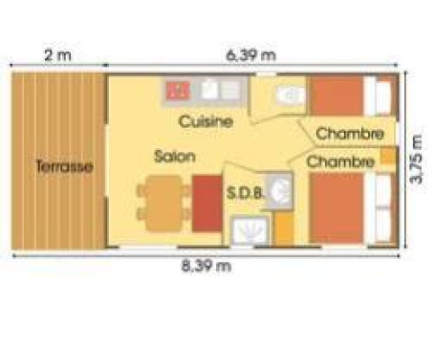 Grundriss des Chalet Bois Comfort bei Flower Camping La Chênaie, Frankreich, mit Terrasse und Zimmern.