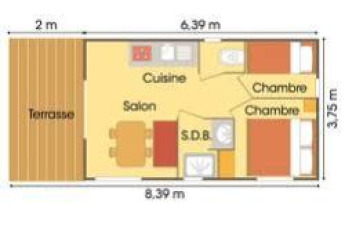 Plano de Chalet Bois Comfort en Flower Camping La Chênaie, Francia, con terraza, salón y habitaciones.